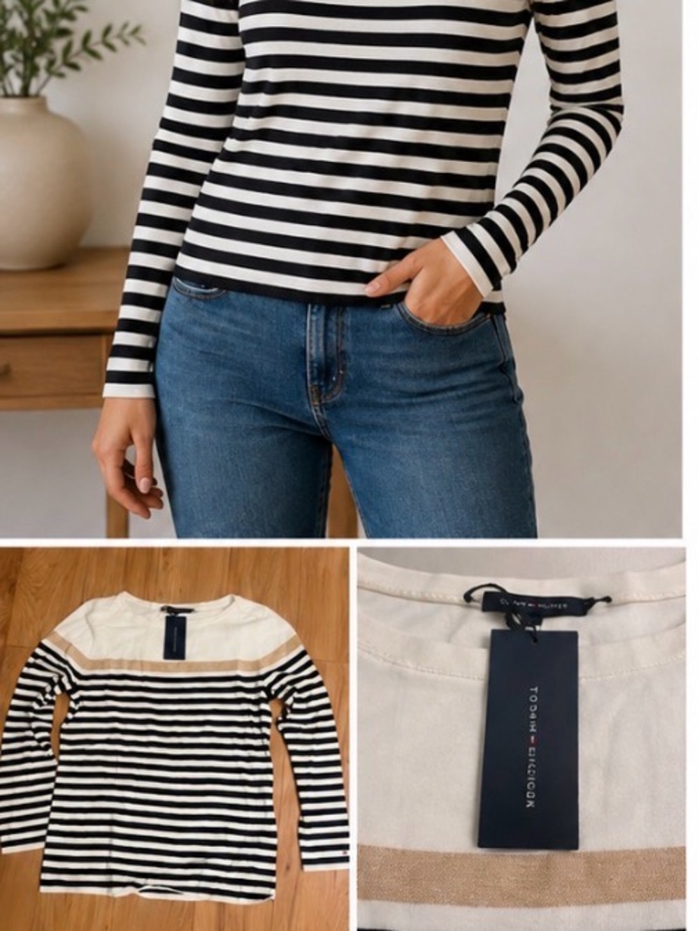 Tommy Hilfiger Striped Long Sleeve Top Black White M NWT